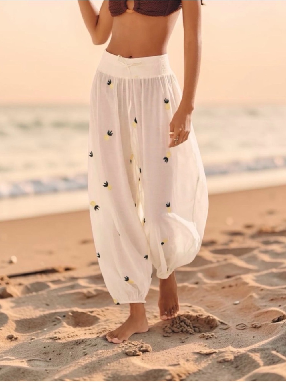 Celandine Smocked Balloon Pale Yellow Pineapple Embroidered Beach Pants